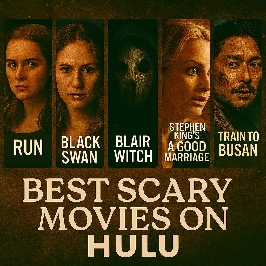 Dark cinematic thumbnail featuring Run, Black Swan, Blair Witch, Stephen King’s A Good Marriage, and Train to Busan with Best Scary Movies on Hulu title.