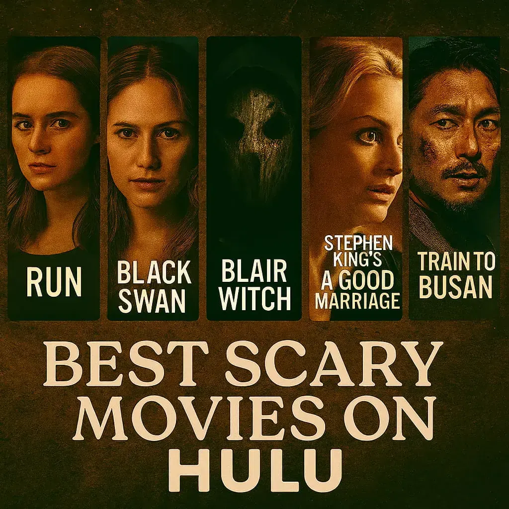 Dark cinematic thumbnail featuring Run, Black Swan, Blair Witch, Stephen King’s A Good Marriage, and Train to Busan with Best Scary Movies on Hulu title.