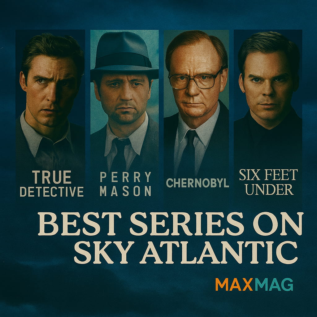 Square thumbnail for “Best Series on Sky Atlantic” with portraits from Rust Cohle of True Detective, Eli McCullough, The Queen’s Gambit lead, and other Sky Atlantic highlights, set against a misty green backdrop.