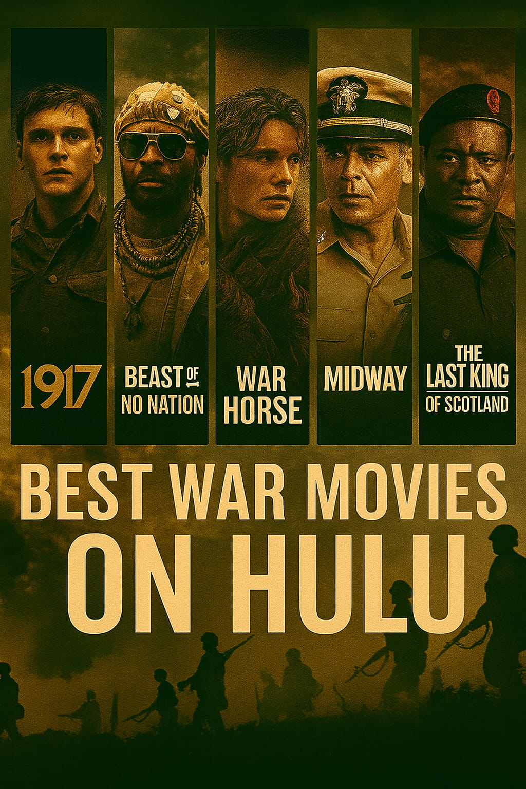Cinematic thumbnail featuring five panels with posters of Sisu, Pearl Harbor, Full Metal Jacket, The Hurt Locker, and The Thin Red Line, set against a smoky battlefield background with bold title “Best War Movies on Hulu” and Maxmag branding.