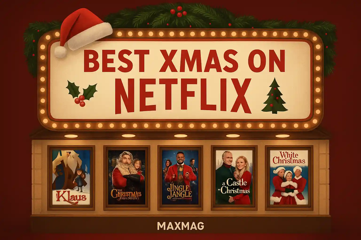 Festive cinema marquee-style thumbnail with glowing lights and garland, displaying bold red text “Best Xmas on Netflix” with holly and tree icons. Below, five framed posters (Klaus, The Christmas Chronicles, Jingle Jangle, A Castle for Christmas, White Christmas). Santa hat on the marquee and Maxmag logo at the bottom.