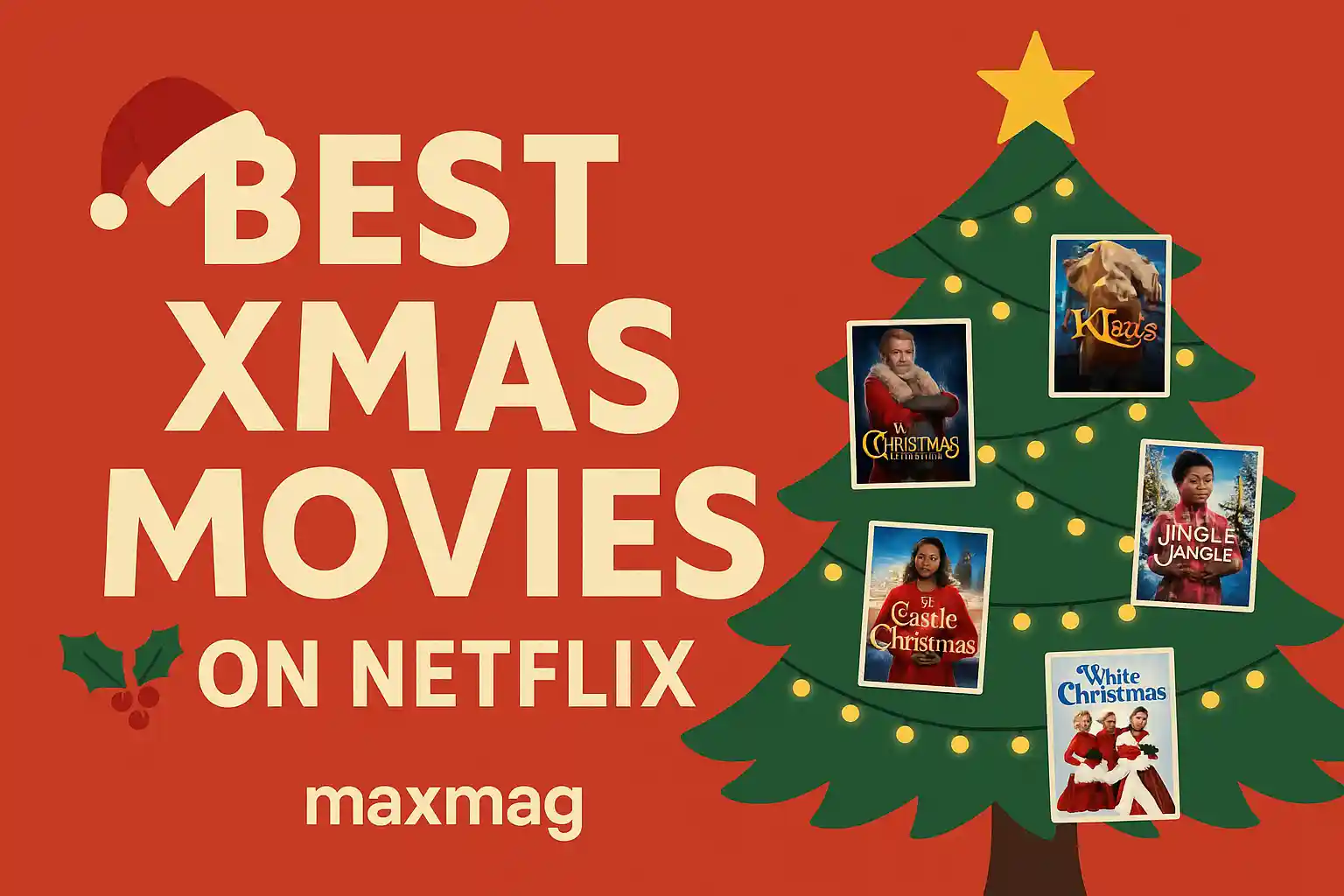 Festive thumbnail with red background featuring bold cream text “Best Xmas Movies on Netflix” on the left, decorated with a Santa hat and holly. On the right, a Christmas tree decorated with five posters (The Christmas Chronicles, Klaus, Jingle Jangle, A Castle for Christmas, White Christmas). Maxmag logo at bottom.