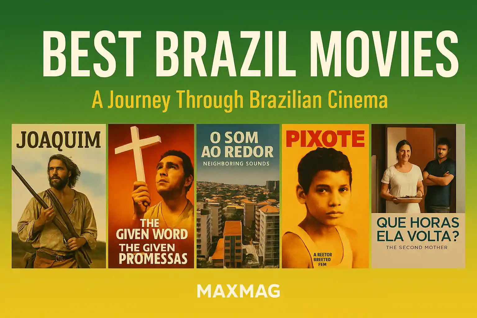 Thumbnail with “Best Brazil Movies” title, featuring five posters (Joaquim, O Pagador de Promessas, Neighboring Sounds, Pixote, The Second Mother) under subtitle, Maxmag logo bottom.