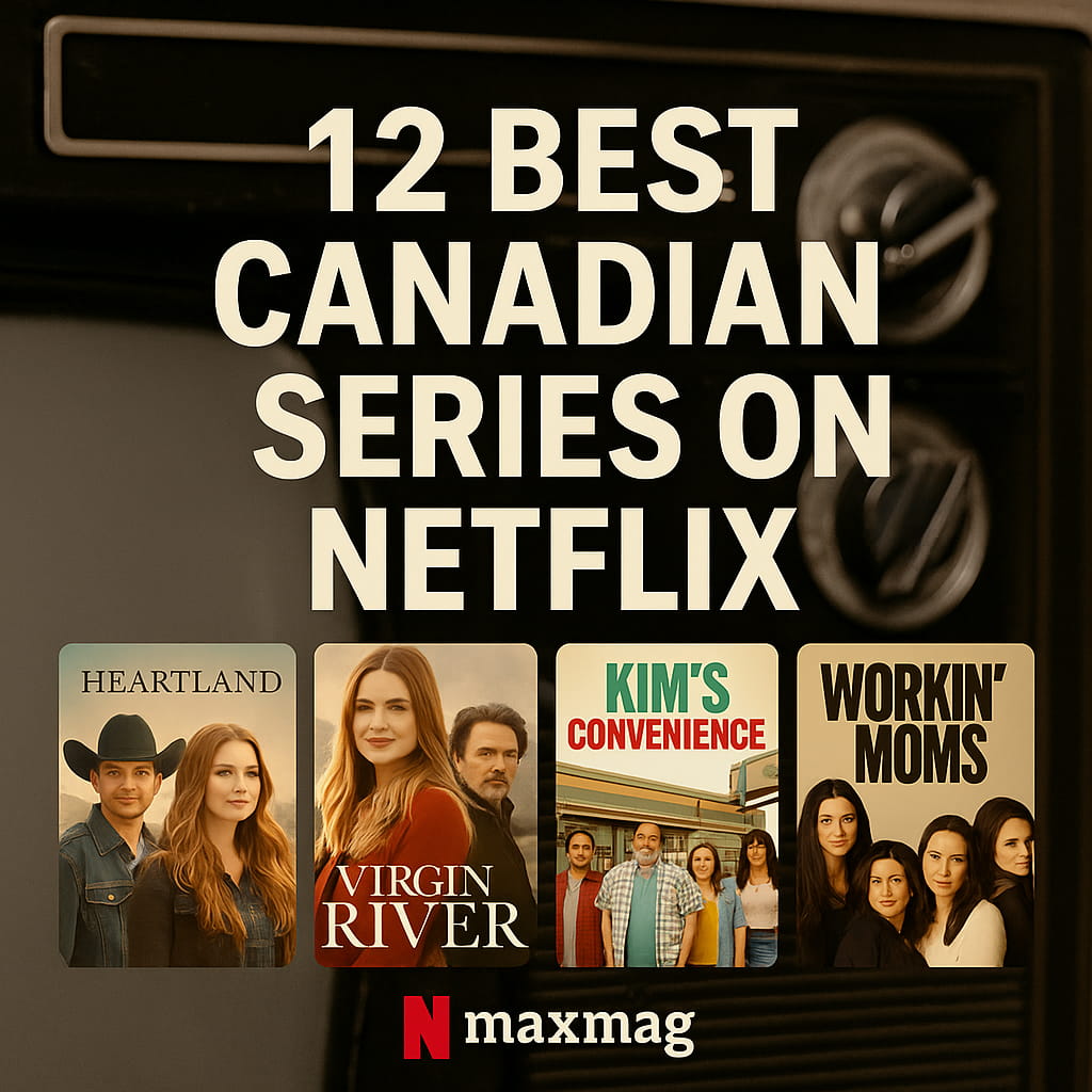 Square thumbnail for “12 Best Canadian Series on Netflix,” featuring a retro TV background and posters of Heartland, Virgin River, Kim’s Convenience, and Workin’ Moms.