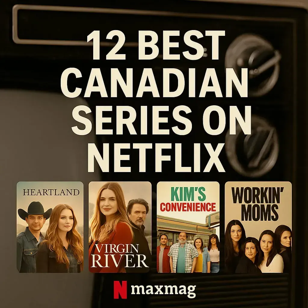 Square thumbnail for “12 Best Canadian Series on Netflix,” featuring a retro TV background and posters of Heartland, Virgin River, Kim’s Convenience, and Workin’ Moms.