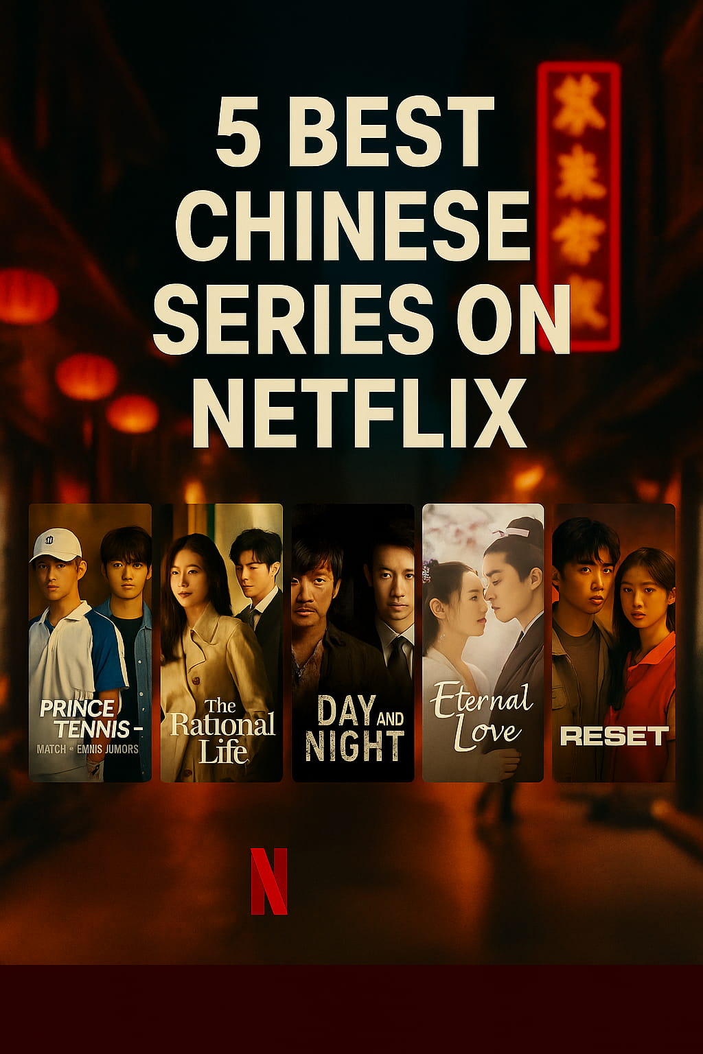 Square Netflix thumbnail for Best Chinese Series — including Falling Into Your Smile, Who Rules the World, The King’s Avatar, Hidden Love, and Meteor Garden with cinematic Chinese nightscape.