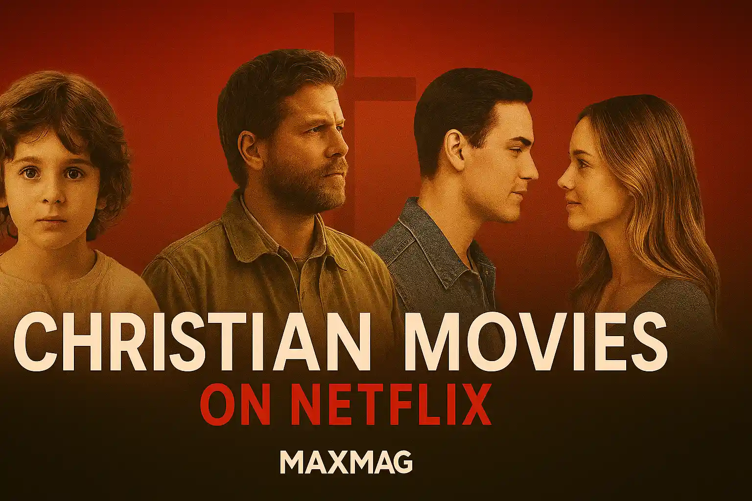 Alternative Christian movie thumbnail with three central portraits: a young boy, a contemplative man, and a couple, against a soft red gradient with cross silhouette and Maxmag logo.