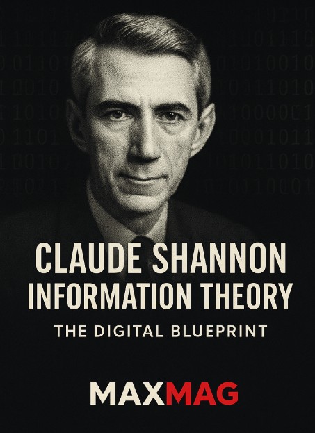 Portrait of Claude Shannon with a subtle binary background, headline “Claude Shannon Information Theory — The Digital Blueprint,” and MAXMAG logo at the bottom center.