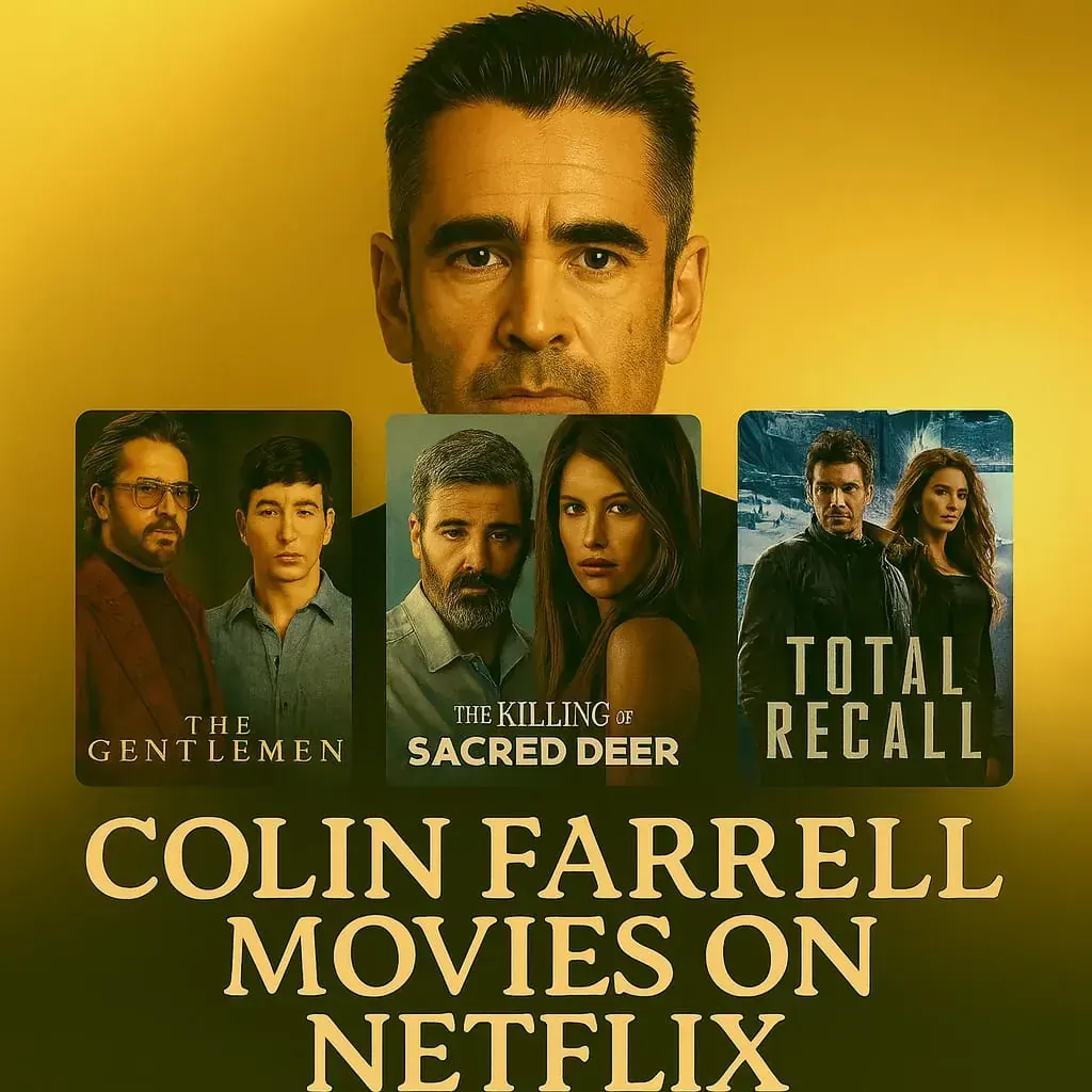 Thumbnail for Colin Farrell Movies on Netflix featuring Farrell's portrait above three posters: The Gentlemen, The Killing of a Sacred Deer, and Total Recall.