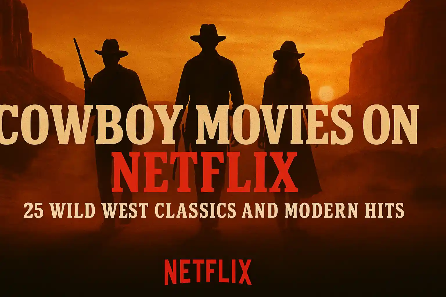 Wide cinematic thumbnail for "Cowboy Movies on Netflix: 25 Wild West Classics and Modern Hits," featuring three silhouetted cowboys walking against a dramatic desert sunset with cliffs, bold Western-style text, and Netflix branding.