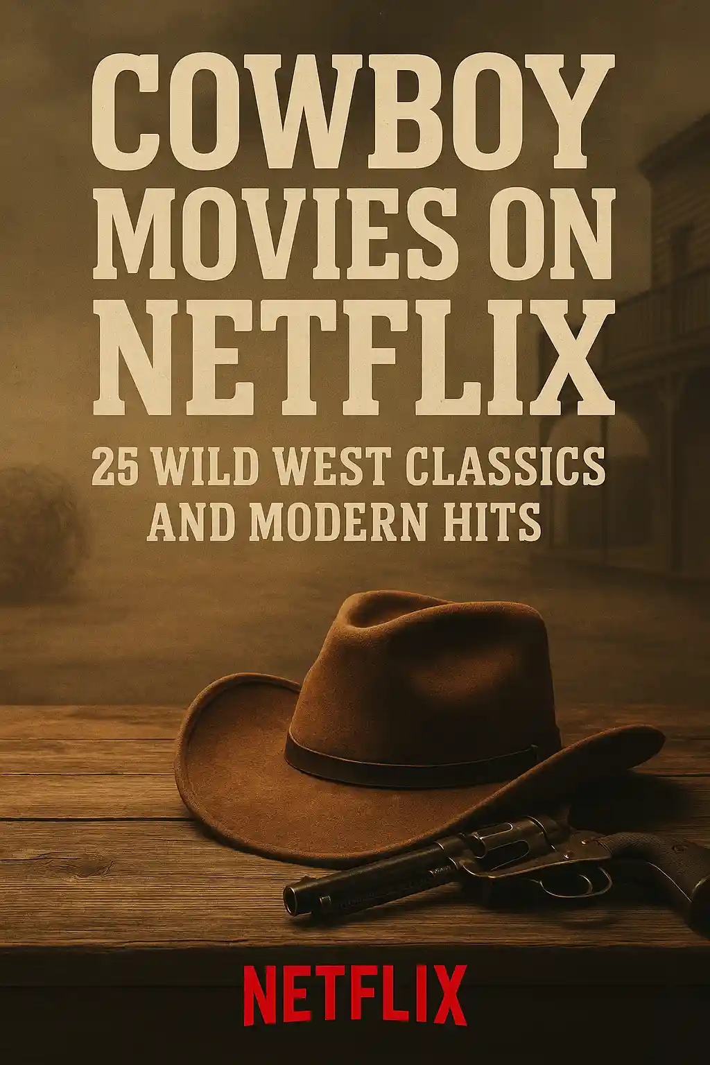 Thumbnail for "Cowboy Movies on Netflix: 25 Wild West Classics and Modern Hits," featuring a cowboy hat and revolver on a wooden table with a dusty saloon backdrop, bold beige text, and Netflix branding at the bottom.