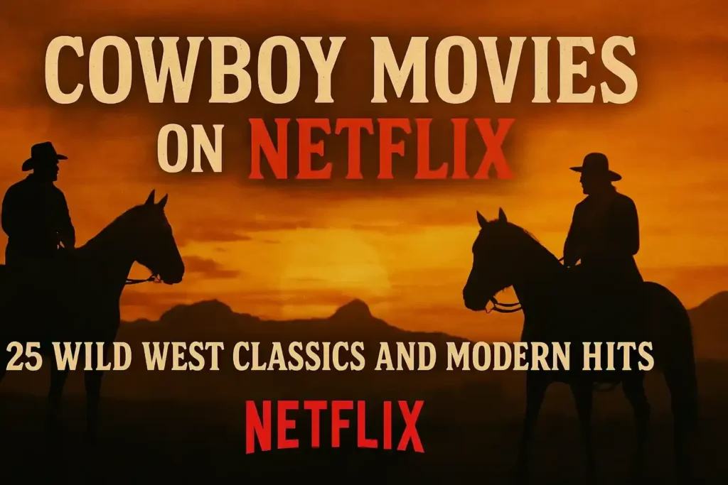 Thumbnail for "Cowboy Movies on Netflix: 25 Wild West Classics and Modern Hits," featuring silhouettes of two cowboys on horseback against an orange sunset, with bold beige and red text and Netflix branding.