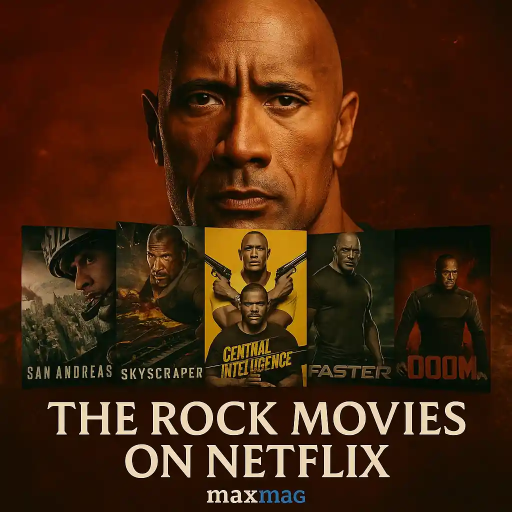 Square promotional thumbnail for The Rock movies on Netflix featuring Dwayne Johnson portrait with posters of San Andreas, Skyscraper, Central Intelligence, Faster, and Doom.