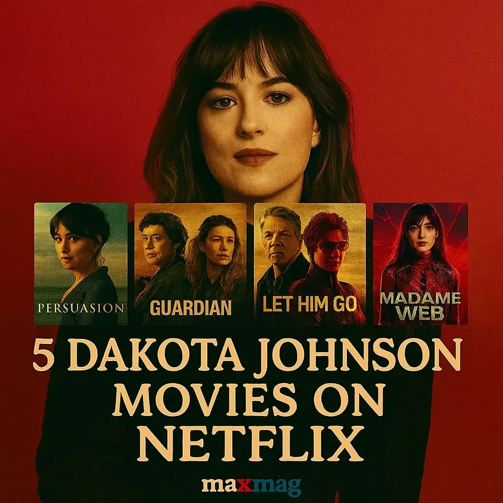Square thumbnail of Dakota Johnson with a shiny red background, featuring posters of Persuasion, The Lost Daughter, and Madame Web, with bold text “5 Dakota Johnson Movies on Netflix.”