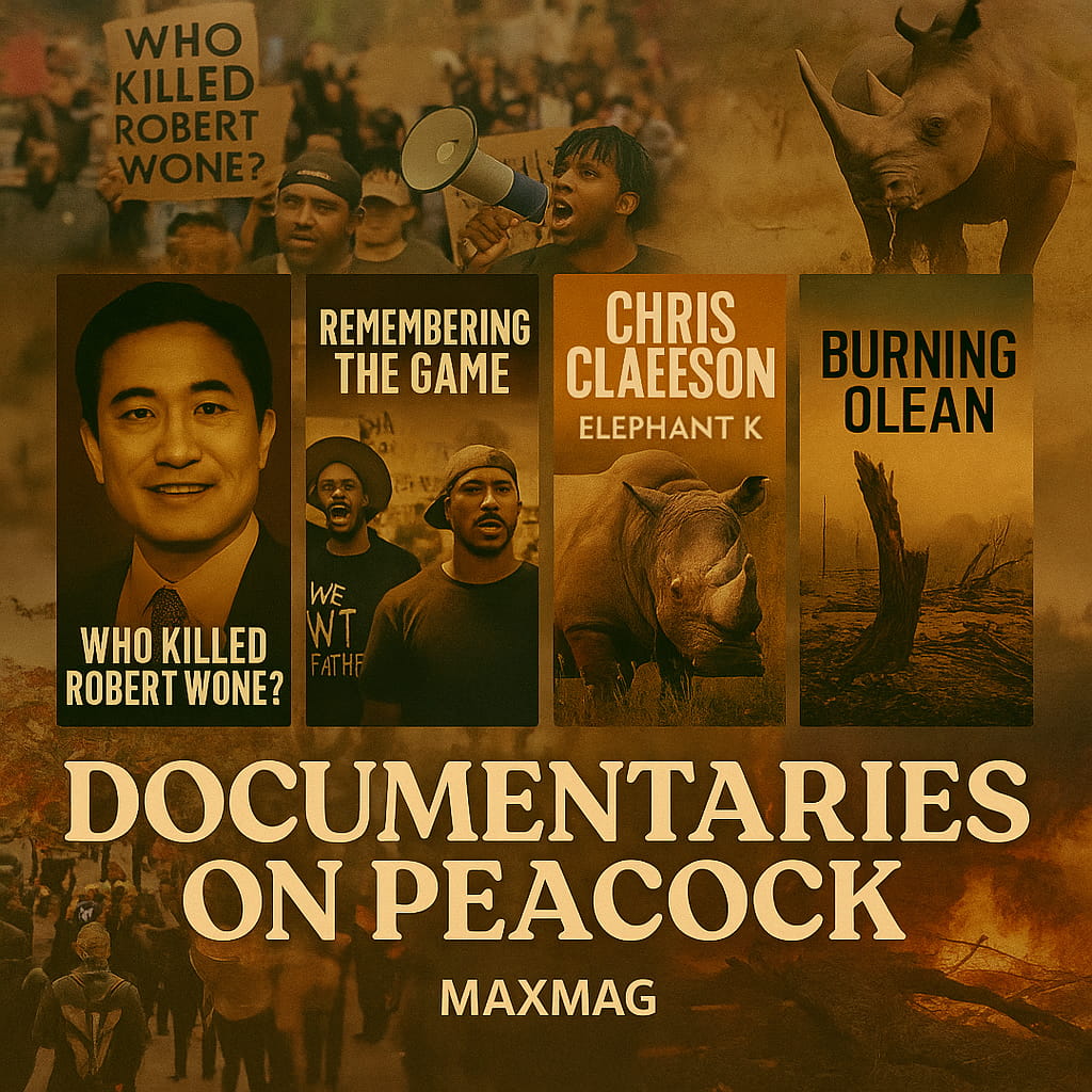 Promotional collage thumbnail for documentaries on Peacock featuring posters of “Who Killed Robert Wone?”, “Remembering the Game”, “Chris Claeeson: Elephant K”, and “Burning Olean”, with bold text “Documentaries on Peacock” and MAXMAG branding.
