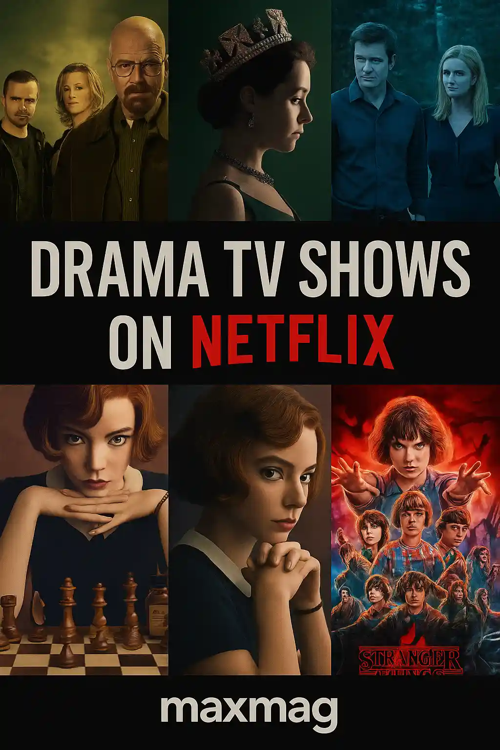 Collage thumbnail featuring posters from Breaking Bad, The Crown, Ozark, The Queen’s Gambit, and Stranger Things, with title text 'Drama TV Shows on Netflix' and Maxmag logo at the bottom center.