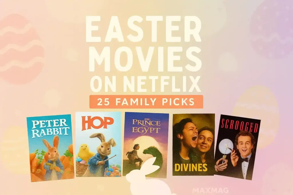 Easter movies on Netflix promotional graphic featuring five film posters with a festive Easter-themed background of pastel eggs and spring colors