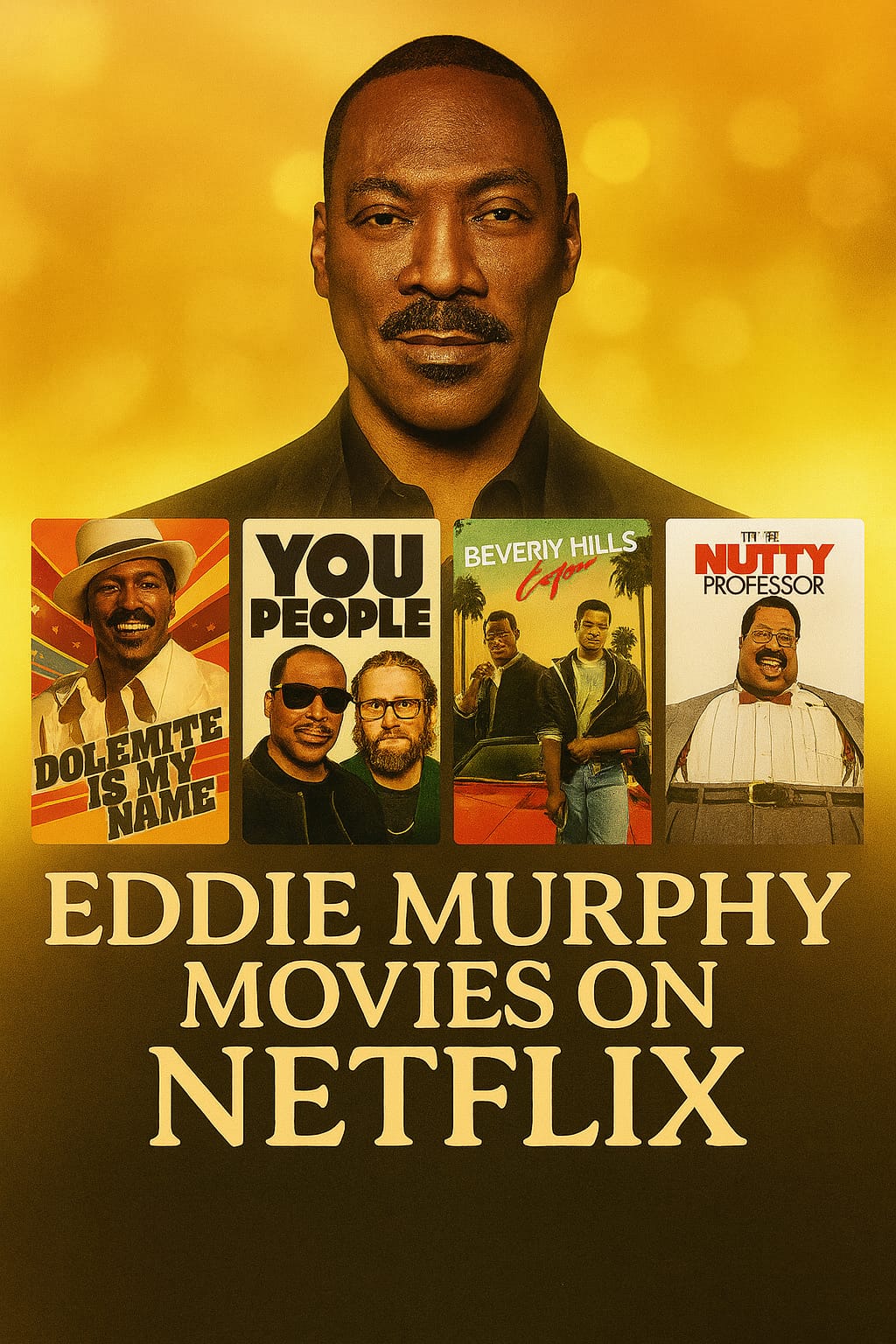 Promotional thumbnail for Eddie Murphy movies on Netflix featuring his portrait with posters of Dolemite Is My Name, You People, Beverly Hills Cop, and The Nutty Professor against a golden background.