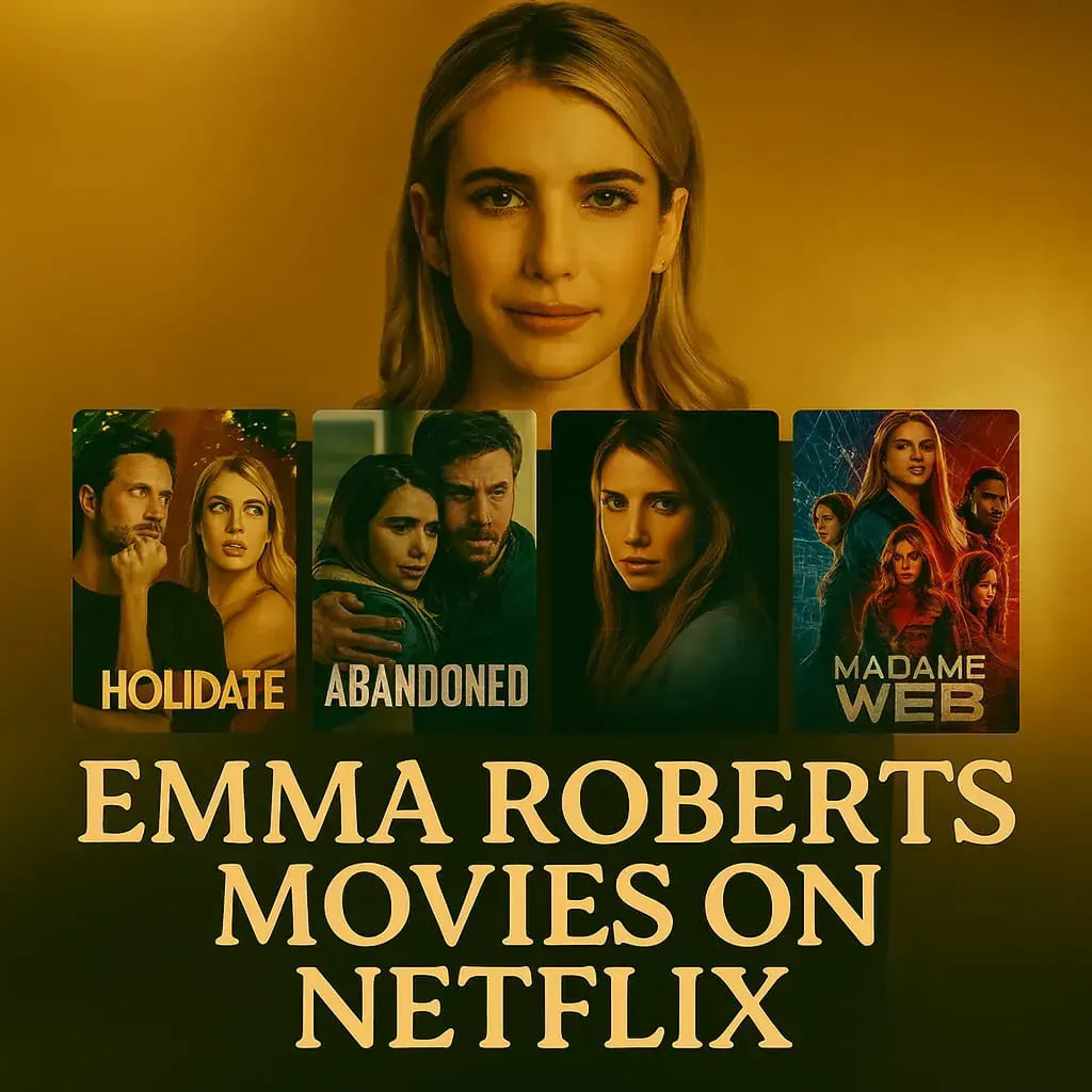 Emma Roberts Movies on Netflix thumbnail featuring Emma Roberts portrait above three posters—Holidate, Abandoned, and Madame Web—on a shiny gold background.