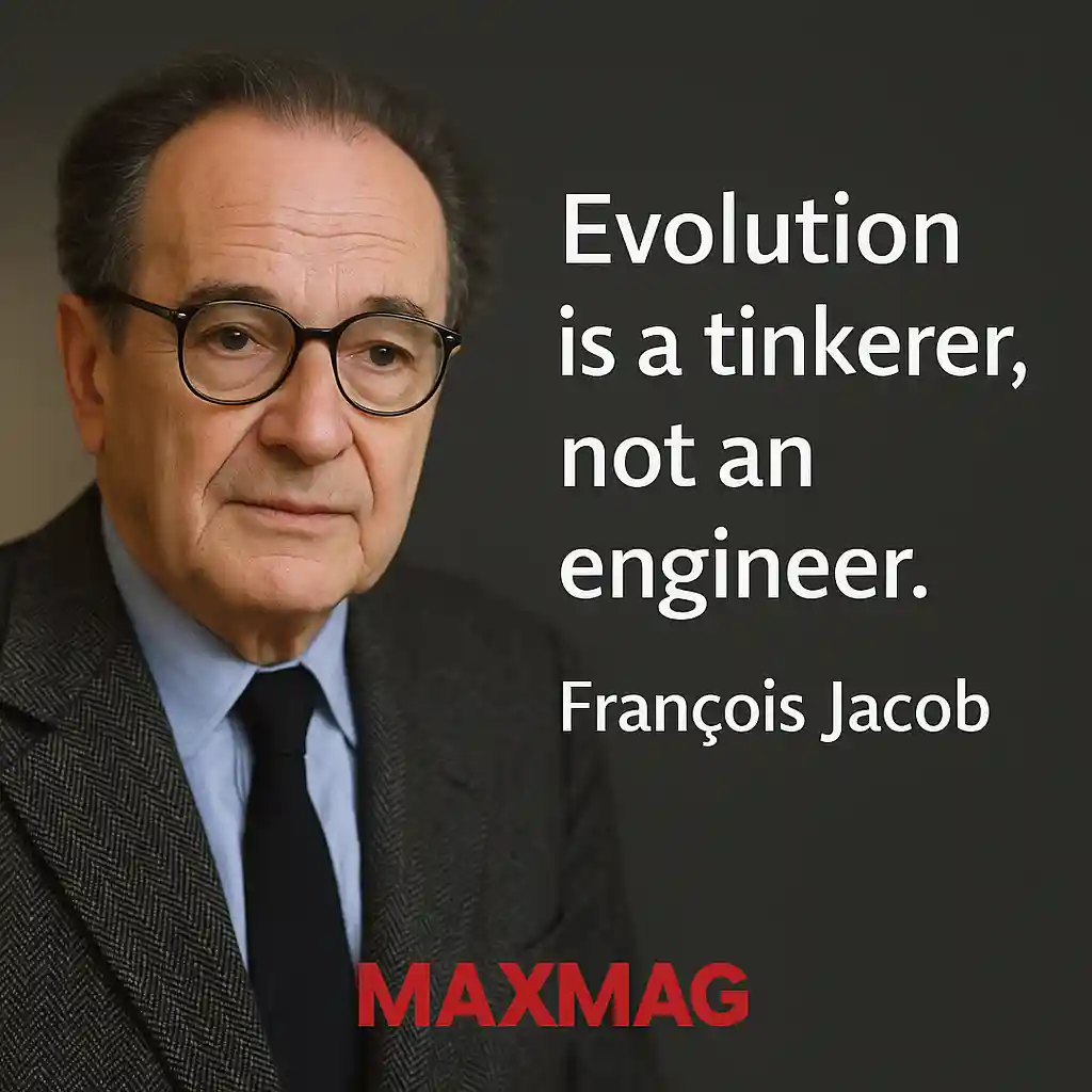 François Jacob quote poster — half-portrait on dark background with the quote “Evolution is a tinkerer, not an engineer.” White text; MAXMAG logo centered at the bottom.