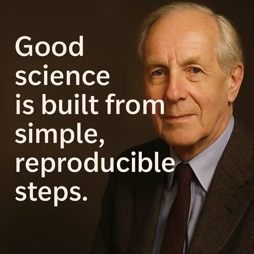 Thumbnail with Frederick Sanger’s portrait and his quote, “Good science is built from simple, reproducible steps,” displayed in bold white text, with Maxmag branding at the bottom center.