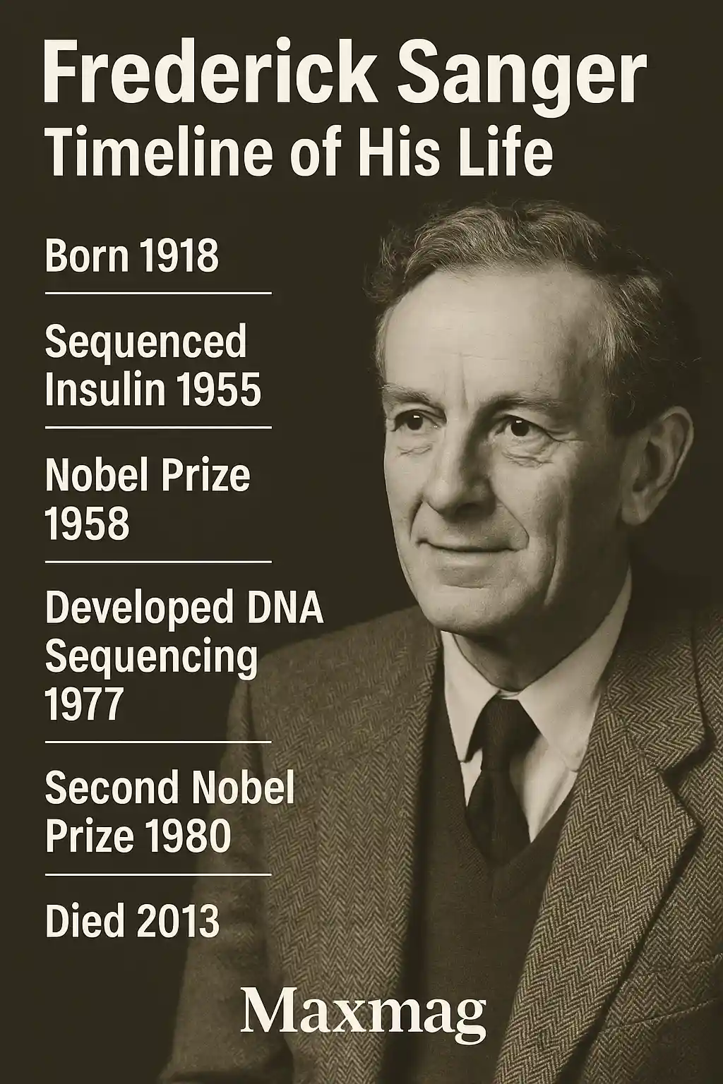 Timeline infographic of Frederick Sanger’s life with his portrait on the right and six milestones listed on the left, ending with Maxmag branding at the bottom.