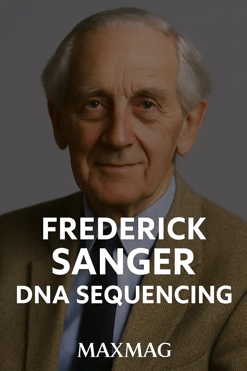 Portrait of Frederick Sanger with the title "Frederick Sanger DNA Sequencing" in bold white letters, and "Maxmag" at the bottom center.