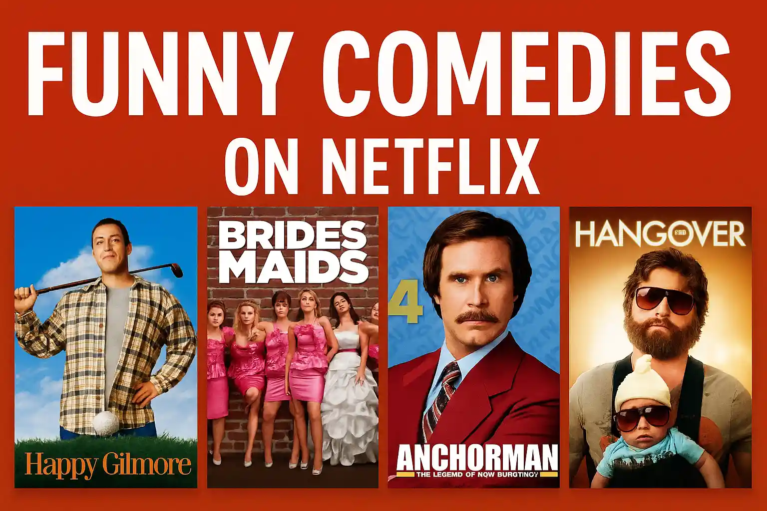Thumbnail collage for “Funny Comedies on Netflix” featuring movie posters from Happy Gilmore, Bridesmaids, Anchorman, and The Hangover on a bold red Netflix-themed background.