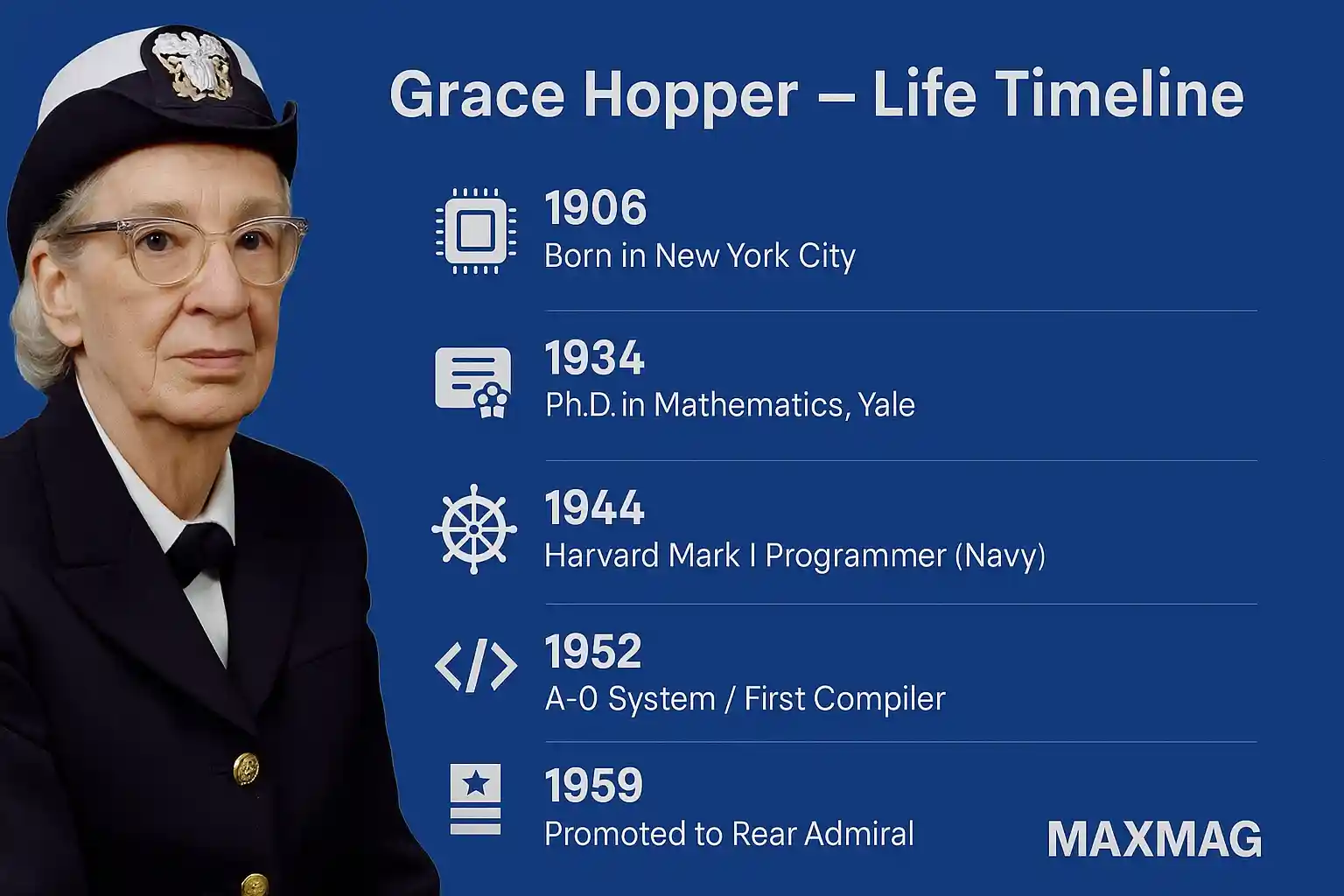 Grace Hopper timeline infographic with her portrait on the left and six milestones listed on a blue background; MAXMAG logo centered at the bottom.