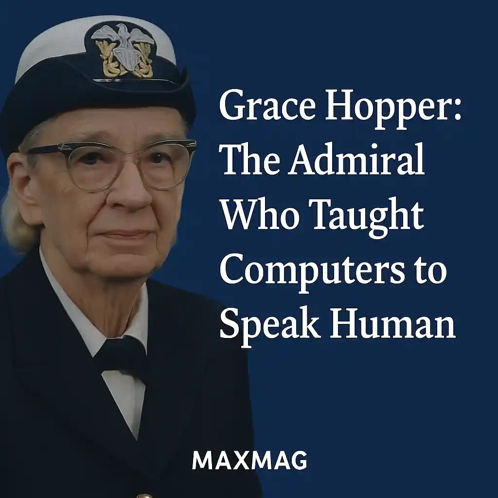 Portrait of Grace Hopper in U.S. Navy uniform on a deep blue background; article title “Grace Hopper: The Admiral Who Taught Computers to Speak Human” set to the right; MAXMAG logo centered at the bottom.