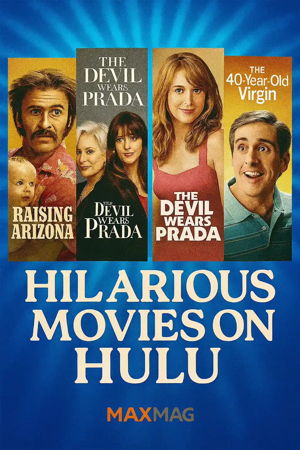 Bright blue thumbnail with Hulu comedy movie posters including Bridesmaids, Palm Springs, and The 40-Year-Old Virgin. Bold white text reads "HILARIOUS MOVIES ON HULU" with Maxmag branding at the bottom.