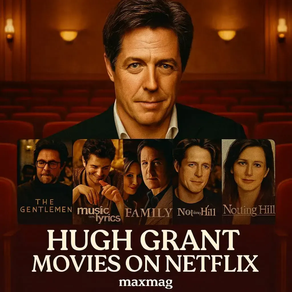 Thumbnail for Hugh Grant Movies on Netflix featuring The Gentlemen, Music and Lyrics, Notting Hill, and other award-winning films, designed in Maxmag cinematic style
