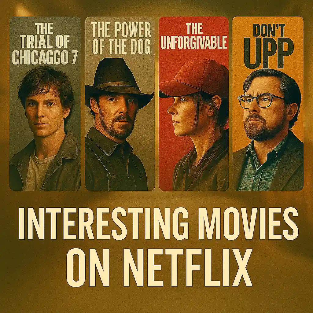 Cinematic thumbnail featuring four posters from Netflix films The Trial of the Chicago 7, The Power of the Dog, The Unforgivable, and Don’t Look Up, against a warm cinematic background. Bold white text reads “Interesting Movies on Netflix.”