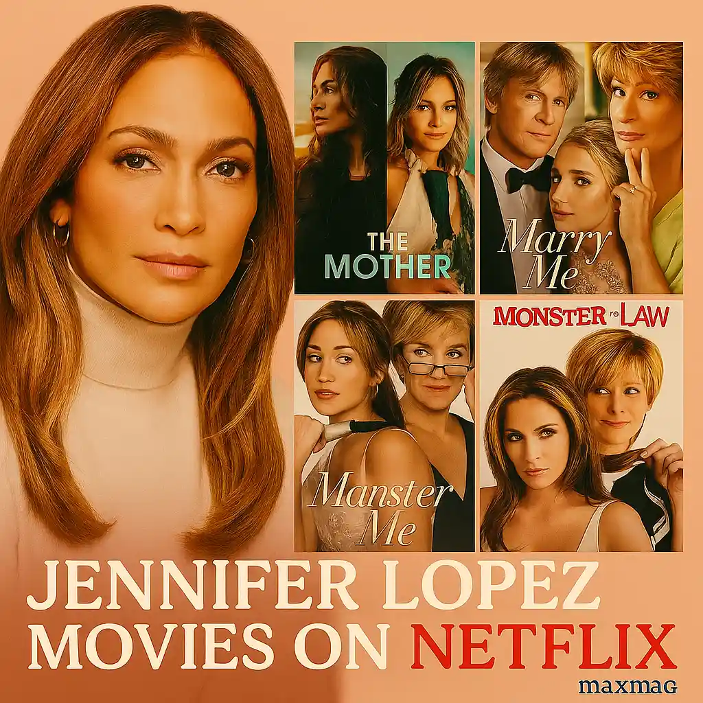 "Jennifer Lopez Netflix thumbnail with The Mother, Marry Me, and Monster-in-Law movie posters, Maxmag square design."