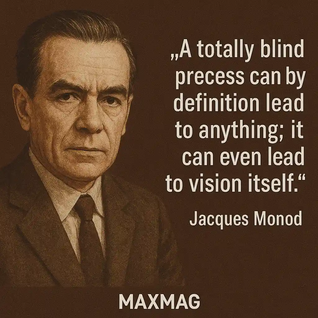 Sepia-toned portrait of Jacques Monod with his quote “A totally blind process can by definition lead to anything; it can even lead to vision itself” displayed on the right, and Maxmag branding at the bottom center.
