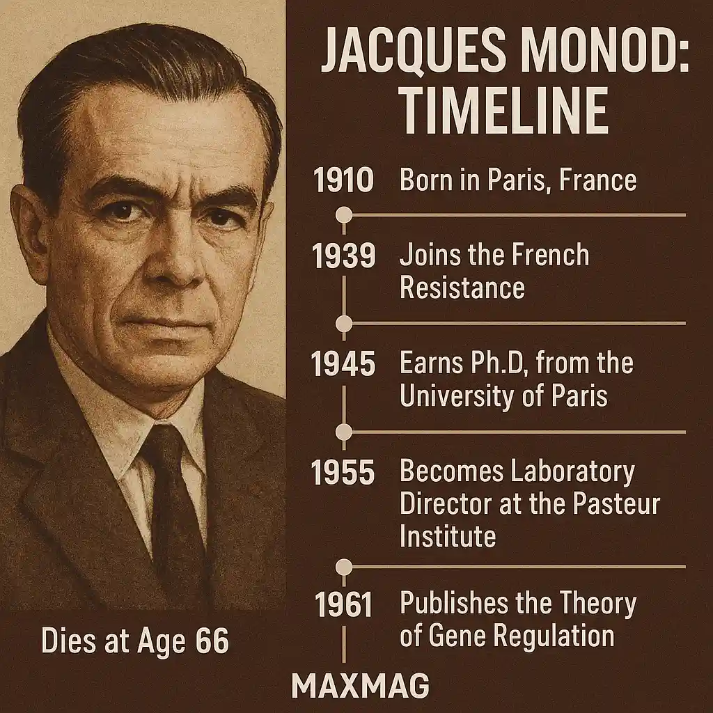 epia-toned timeline thumbnail with Jacques Monod’s portrait on the left and six life milestones on the right, ending with Maxmag branding at the bottom center.