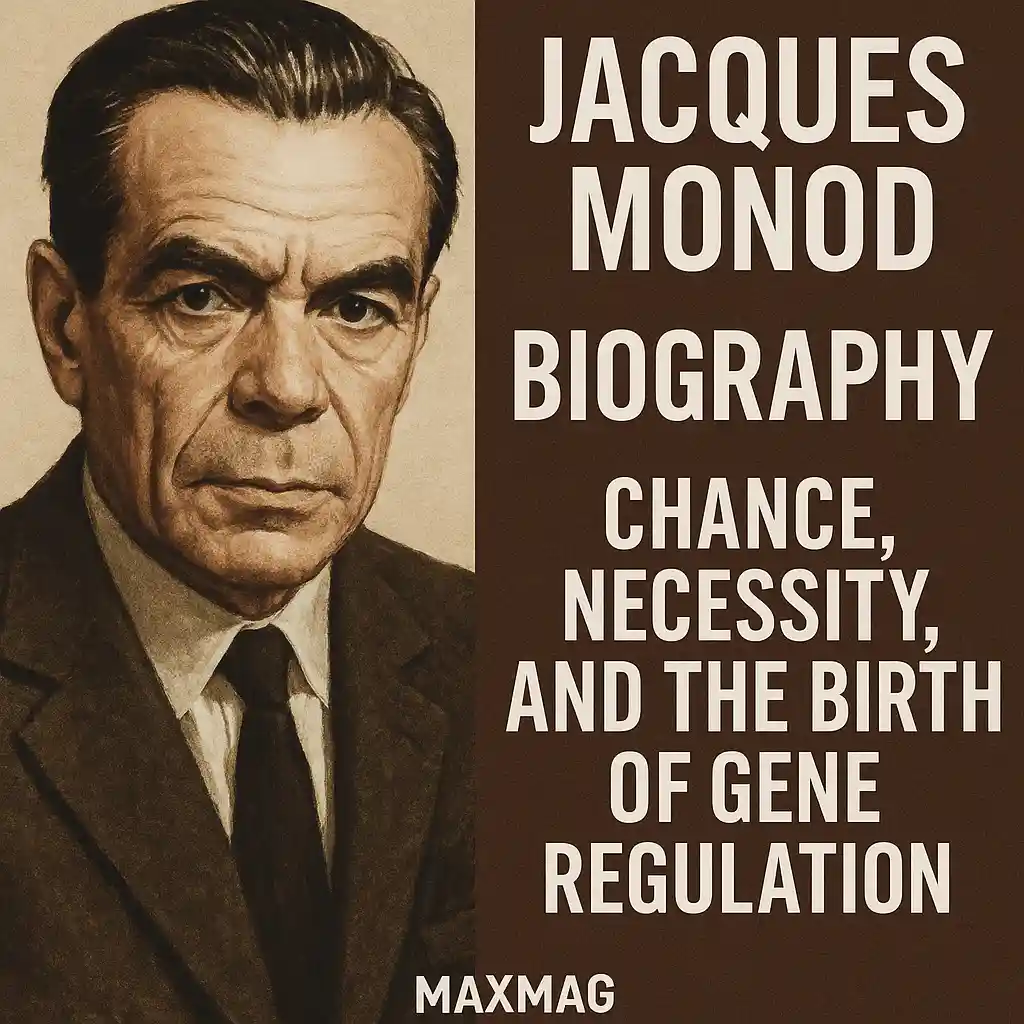 Portrait of Jacques Monod alongside the title “Jacques Monod Biography: Chance, Necessity, and the Birth of Gene Regulation” with Maxmag branding at the bottom center.