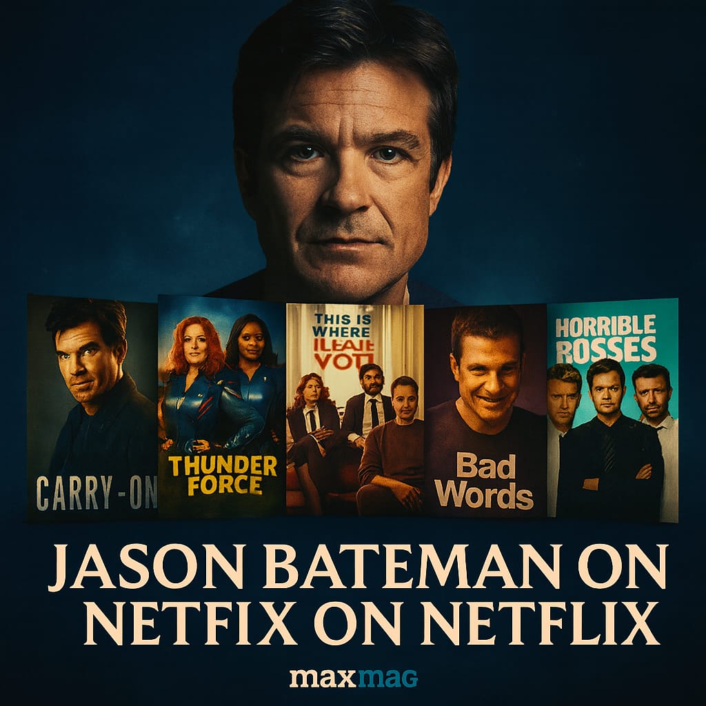 Thumbnail for article "Jason Bateman Movies on Netflix" featuring Jason Bateman’s portrait above five Netflix film posters — Carry-On, Thunder Force, This Is Where I Leave You, Bad Words, and Horrible Bosses — with Maxmag branding.