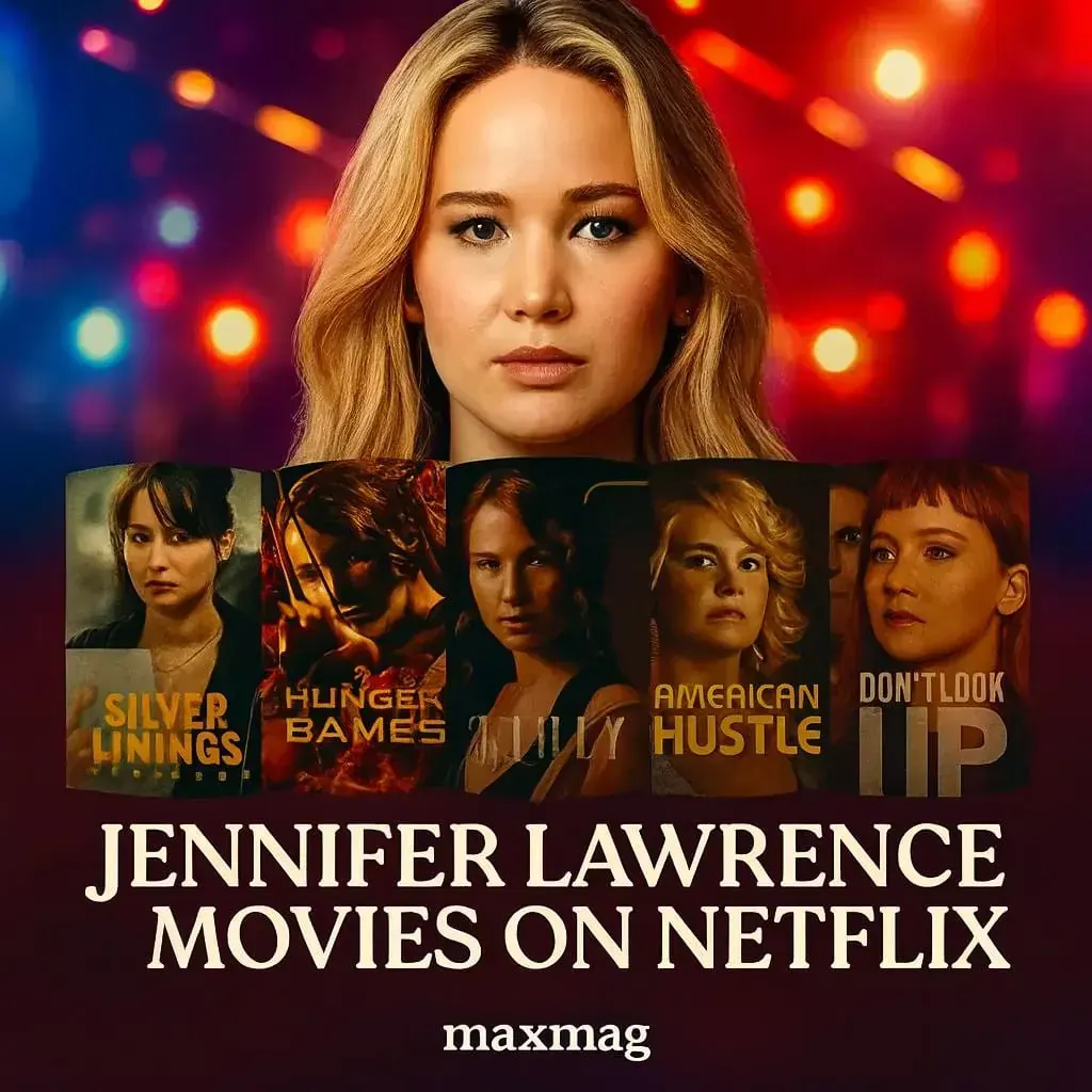 "Thumbnail for Jennifer Lawrence Movies on Netflix featuring Silver Linings Playbook, The Hunger Games, American Hustle, Don’t Look Up, and No Hard Feelings — highlighting her Oscar-winning and acclaimed roles."