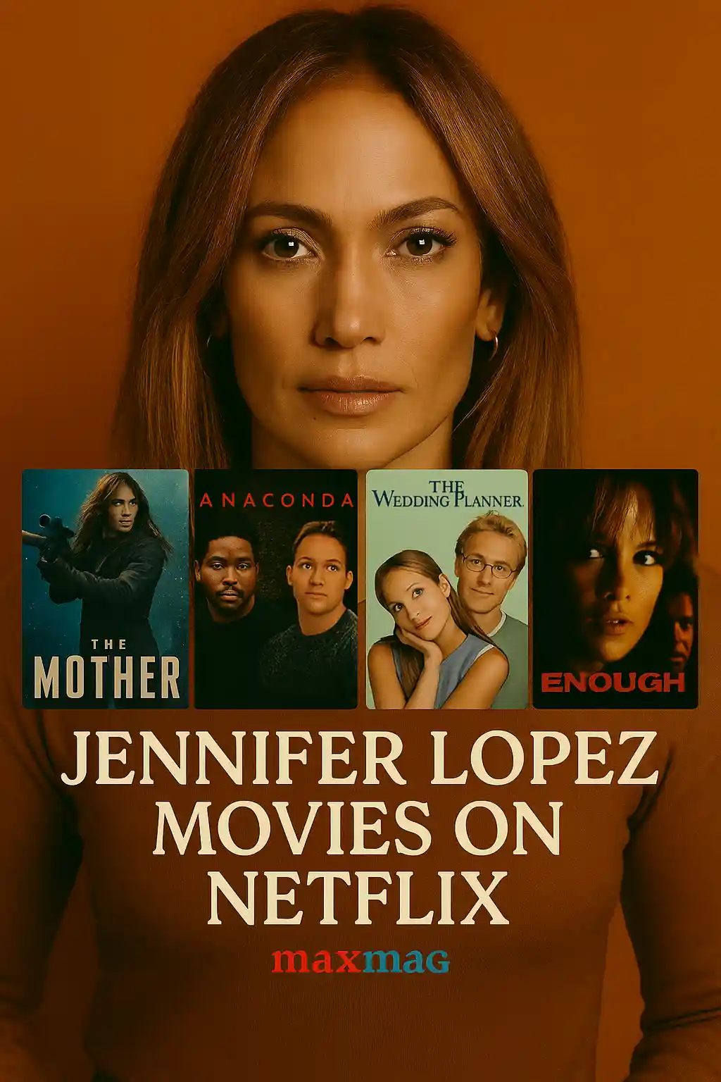 "Square Netflix poster for Jennifer Lopez featuring The Mother, Anaconda, The Wedding Planner, and Enough with Maxmag branding."