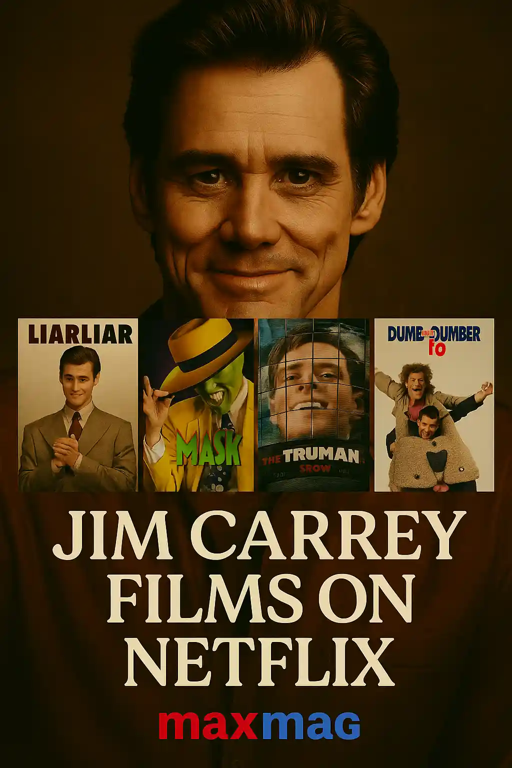 Square Jim Carrey movies on Netflix thumbnail featuring posters of The Mask, Ace Ventura: Pet Detective, Liar Liar, The Truman Show, and Eternal Sunshine of the Spotless Mind with MAXMAG logo.