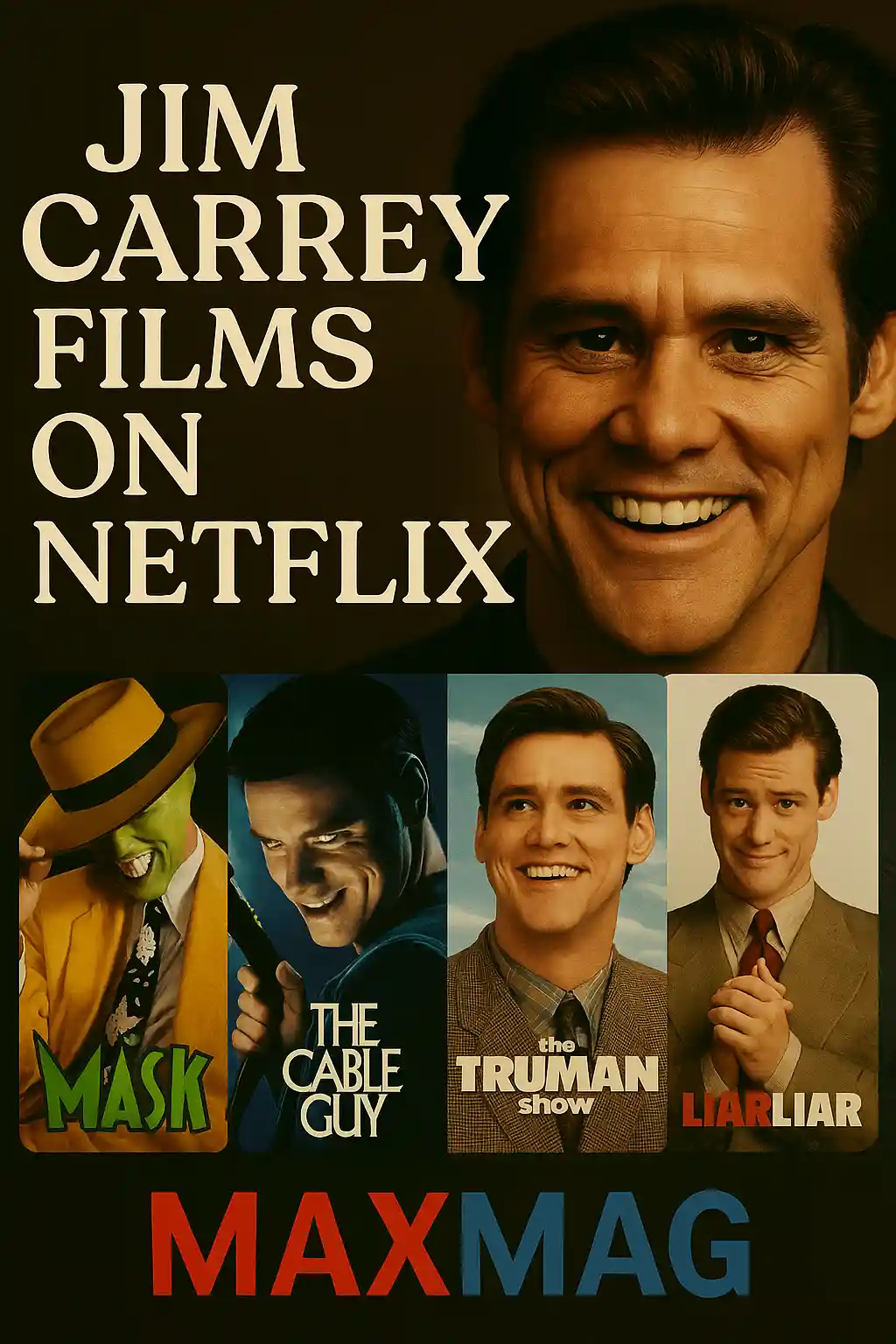 Jim Carrey movies on Netflix square thumbnail with posters of Ace Ventura: When Nature Calls, Me, Myself & Irene, Man on the Moon, The Number 23, and Yes Man, centered with MAXMAG branding.
