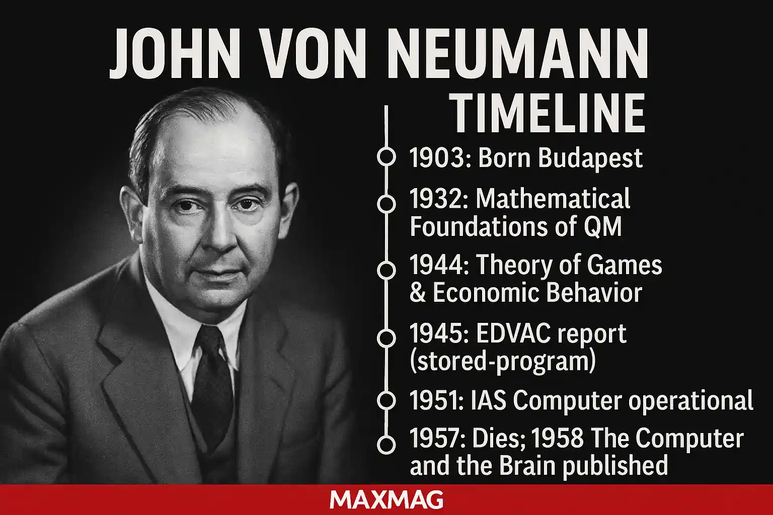 John von Neumann timeline thumbnail — grayscale portrait on left, six milestones on right (“1903 Born Budapest; 1932 Mathematical Foundations of QM; 1944 Theory of Games & Economic Behavior; 1945 EDVAC report; 1951 IAS Computer; 1957 dies—1958 The Computer and the Brain”), MAXMAG logo centered on red bar at bottom.