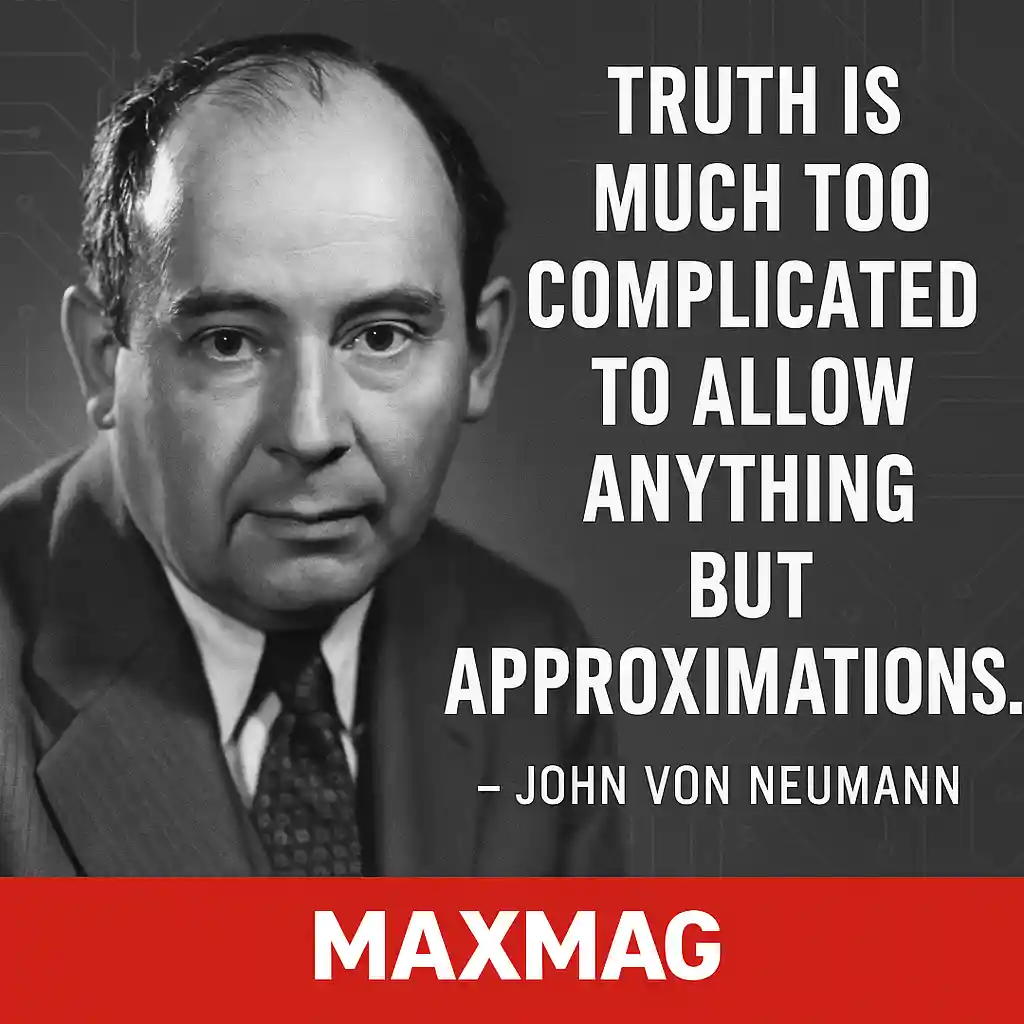 John von Neumann quote thumbnail — grayscale portrait on left, bold quote on right reading “Truth is much too complicated to allow anything but approximations.” with “— John von Neumann” beneath; MAXMAG logo centered on a red footer bar.
