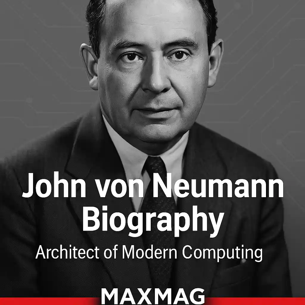 John von Neumann portrait thumbnail — grayscale Pisa-style cover with bold title “John von Neumann Biography — Architect of Modern Computing,” geometric circuit backdrop, and MAXMAG logo centered on a red bar at the bottom.