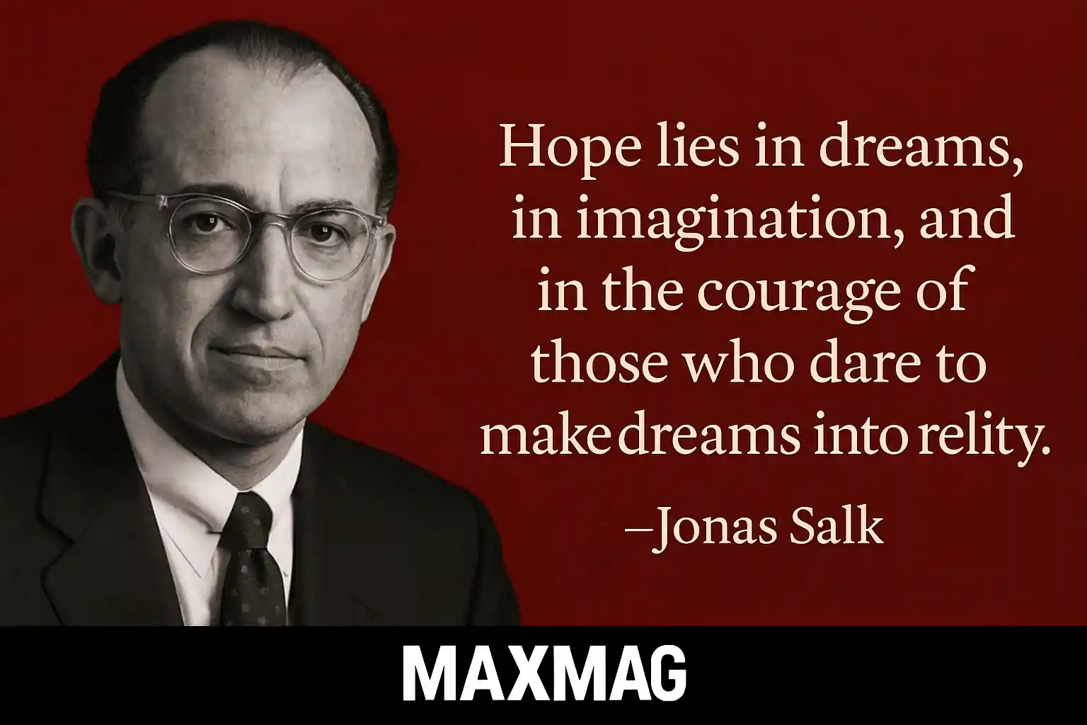 Quote poster thumbnail with Jonas Salk’s grayscale portrait on a deep red background; large serif text reads, “Hope lies in dreams, in imagination, and in the courage of those who dare to make dreams into reality.” Black footer bar shows MAXMAG centered.