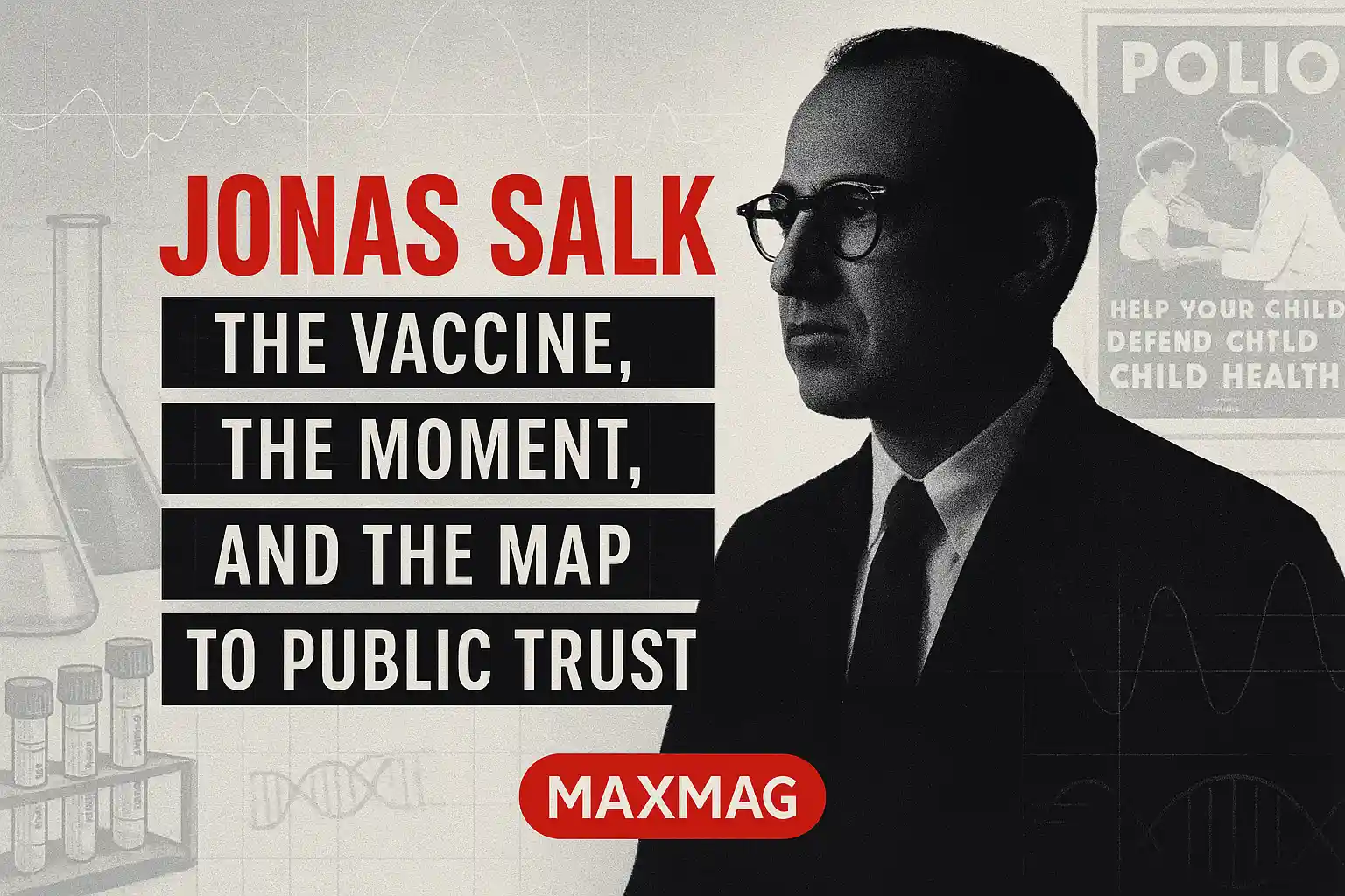Black-and-white thumbnail cover of Jonas Salk beside vintage polio poster and lab glassware, with bold title text and MAXMAG logo at the bottom center.