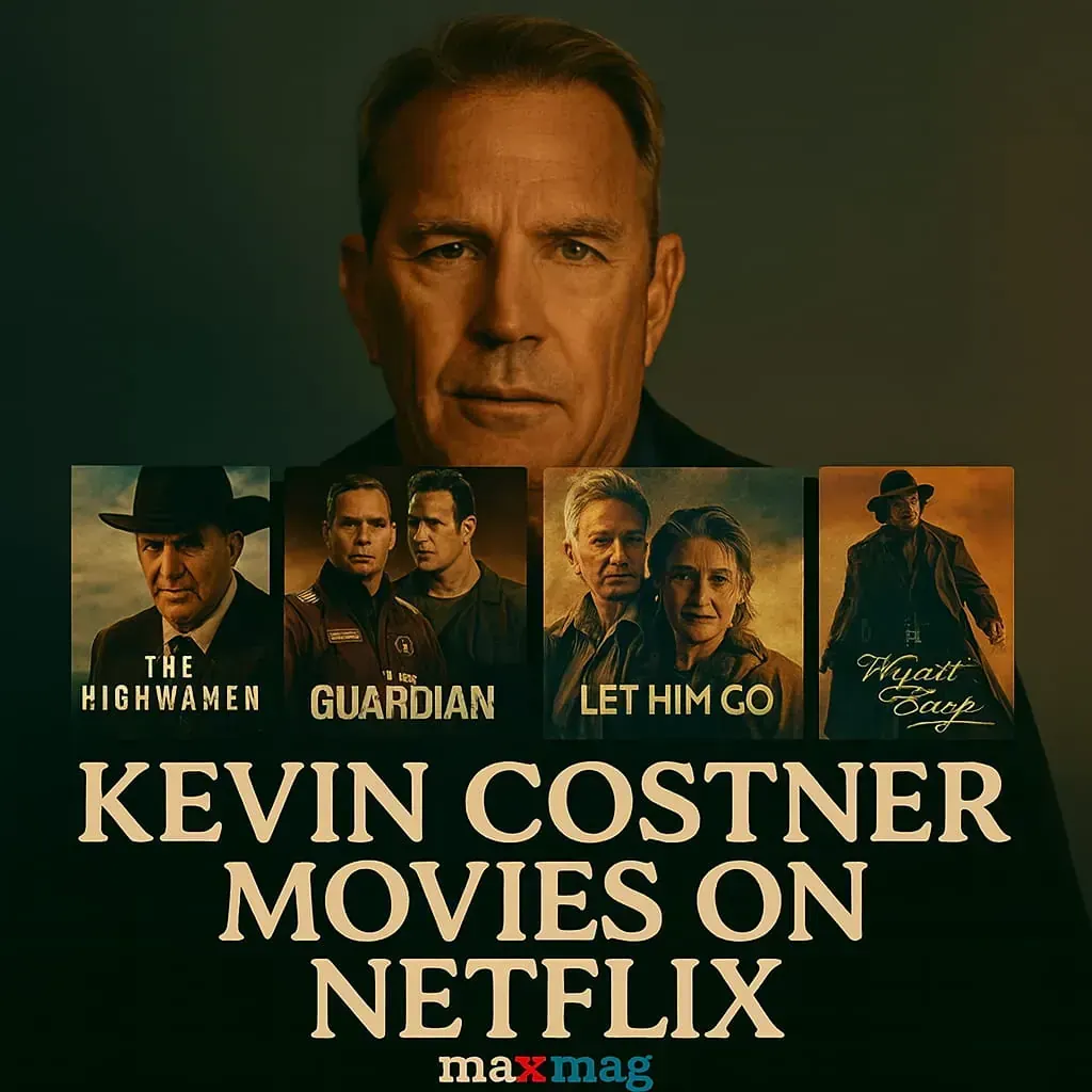 Portrait of Kevin Costner with posters of The Highwaymen, The Guardian, Let Him Go, and Wyatt Earp, promoting Kevin Costner Movies on Netflix for Maxmag.