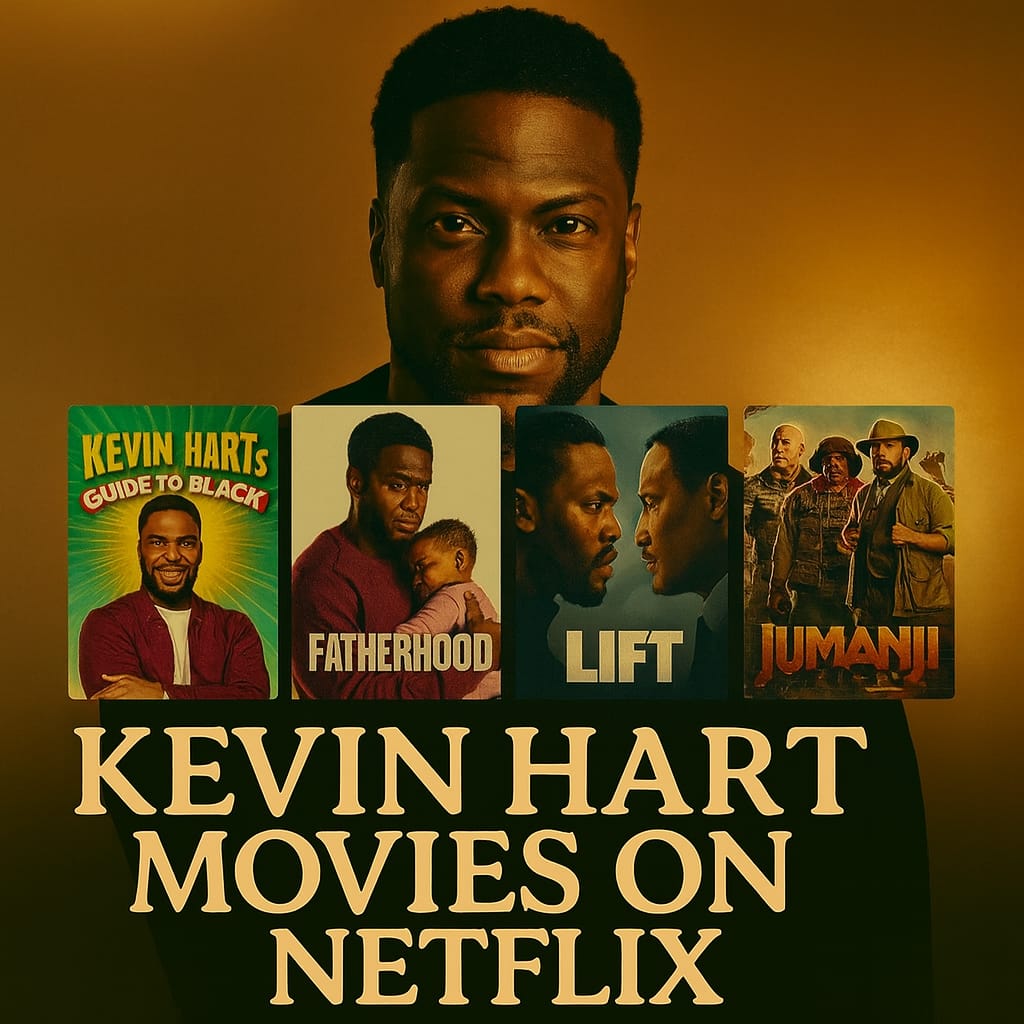 Kevin Hart promotional thumbnail with shiny golden background featuring his portrait above posters of Kevin Hart’s Guide to Black History, Fatherhood, Lift, and Jumanji, with bold text 'Kevin Hart Movies on Netflix' and Maxmag branding