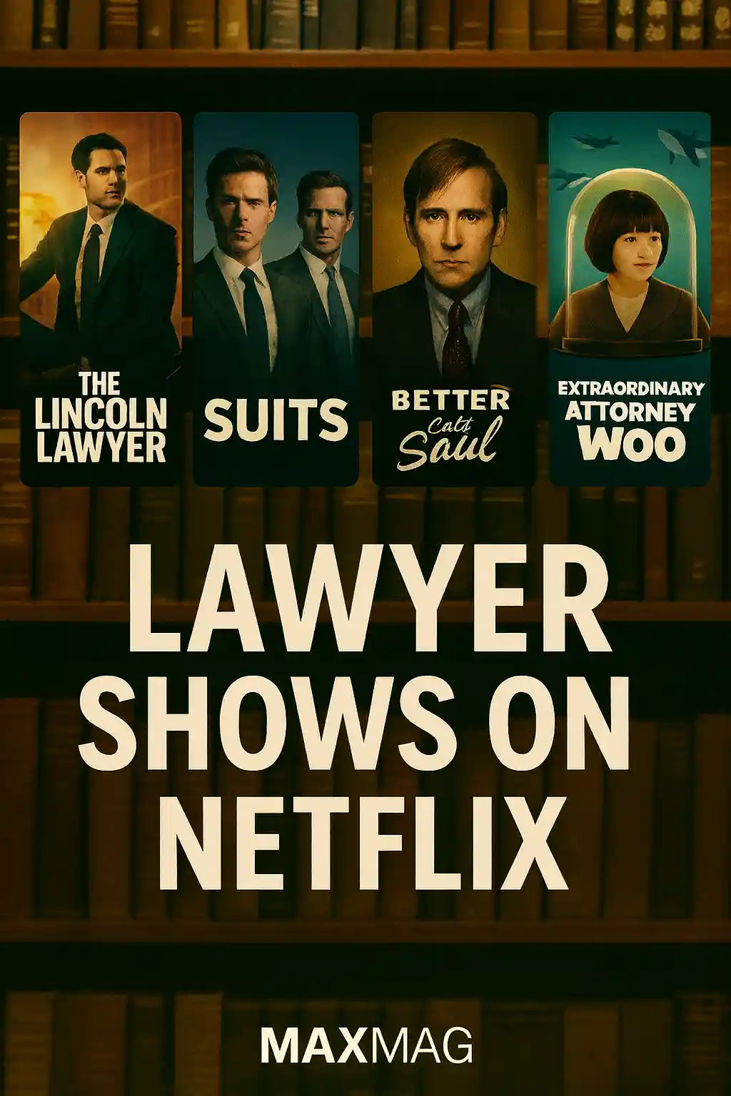 “Collage of lawyer shows on Netflix featuring The Lincoln Lawyer, Suits, Better Call Saul, and Extraordinary Attorney Woo, with a law library background.”